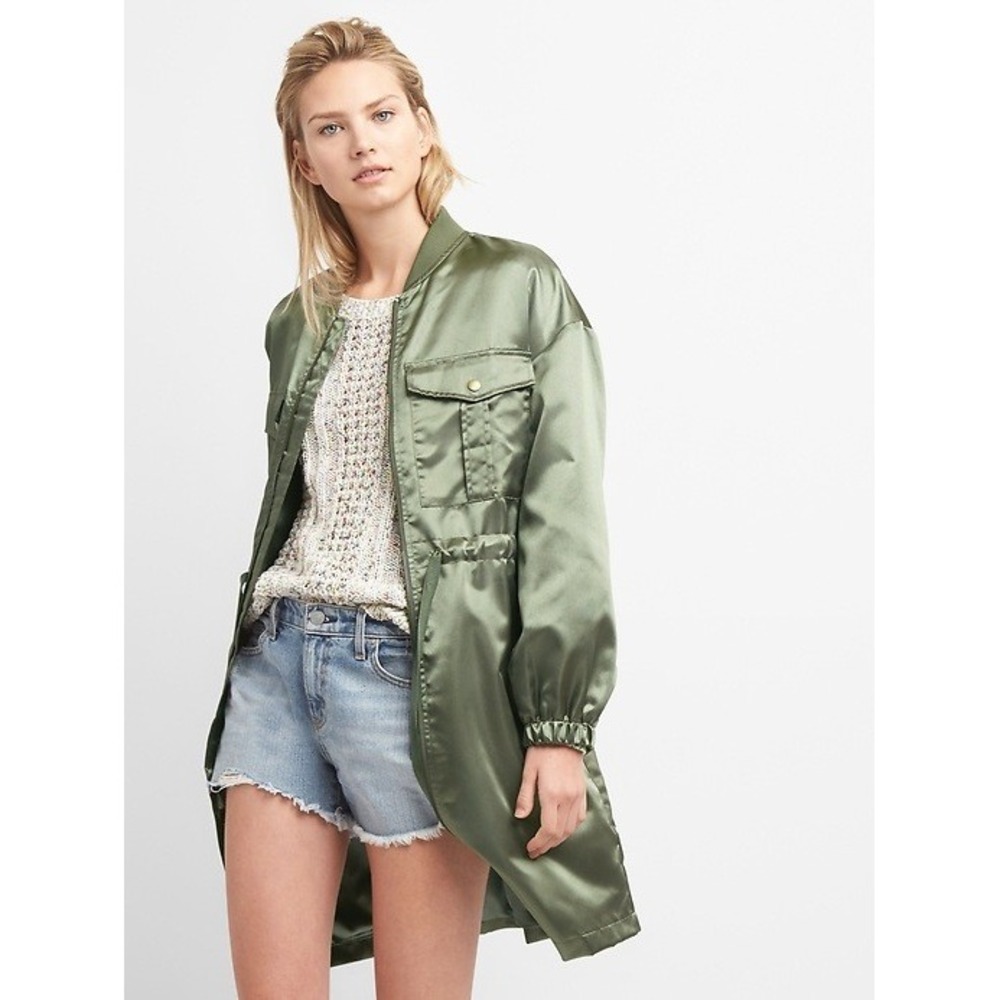 Gap Women Satin Long Utility Bomber Jacket Olive Green Medium Petite